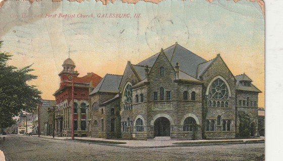 Vintage Used Postcard: (p): 1911 First Baptist Church, Galesburg, IL