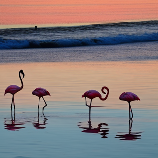 Listia Digital Collectible: Flamingos wading in water at sunset