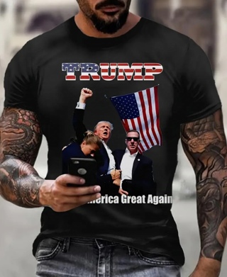 Trump Patriotic American Flag Print T-Shirt - Casual Crew Neck Polyester Tee with Slight Stretch 2XL