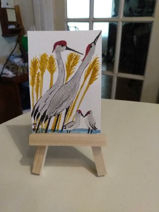 ACEO Original, Watercolor Painting 2-1/2"X 3/1/2" Sandhill Crane Family by Artist Marykay Bond