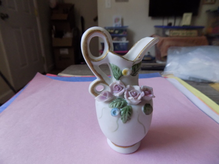 Vintage JAPAN 3 inch Bisque Porcelain fancy pitcher TIG with pink roses