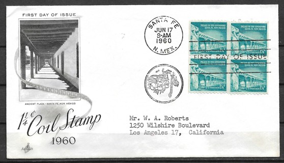 1960 Sc1031a 1¼¢ Palace of the Governors, Santa Fe block of 4 FDC