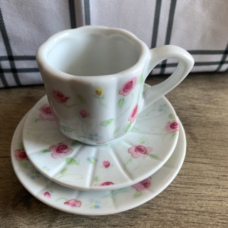 Rose Patterned Ceramic Collectible Tea Cup With 2 Saucers 
