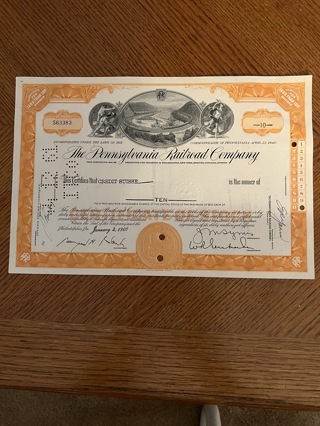 Pennsylvania Railroad stock certificate 1960