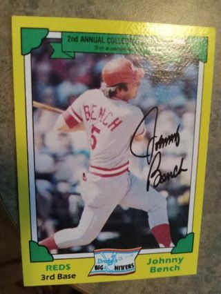 1982 DRAKES BIG HITTERS 2ND ANNUAL AUTOGRAPHED BY JOHNNY BENCH BASEBALL CARD REDS# 3