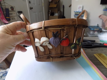 Woven basket with 3D mushroom, onion, tomatoe & vine on front