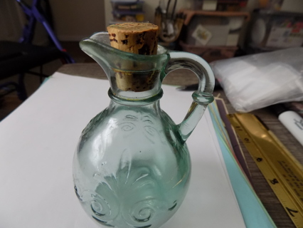 Vintage green glass corked vinegar cruett bottle with textured design 5 inch, side handle