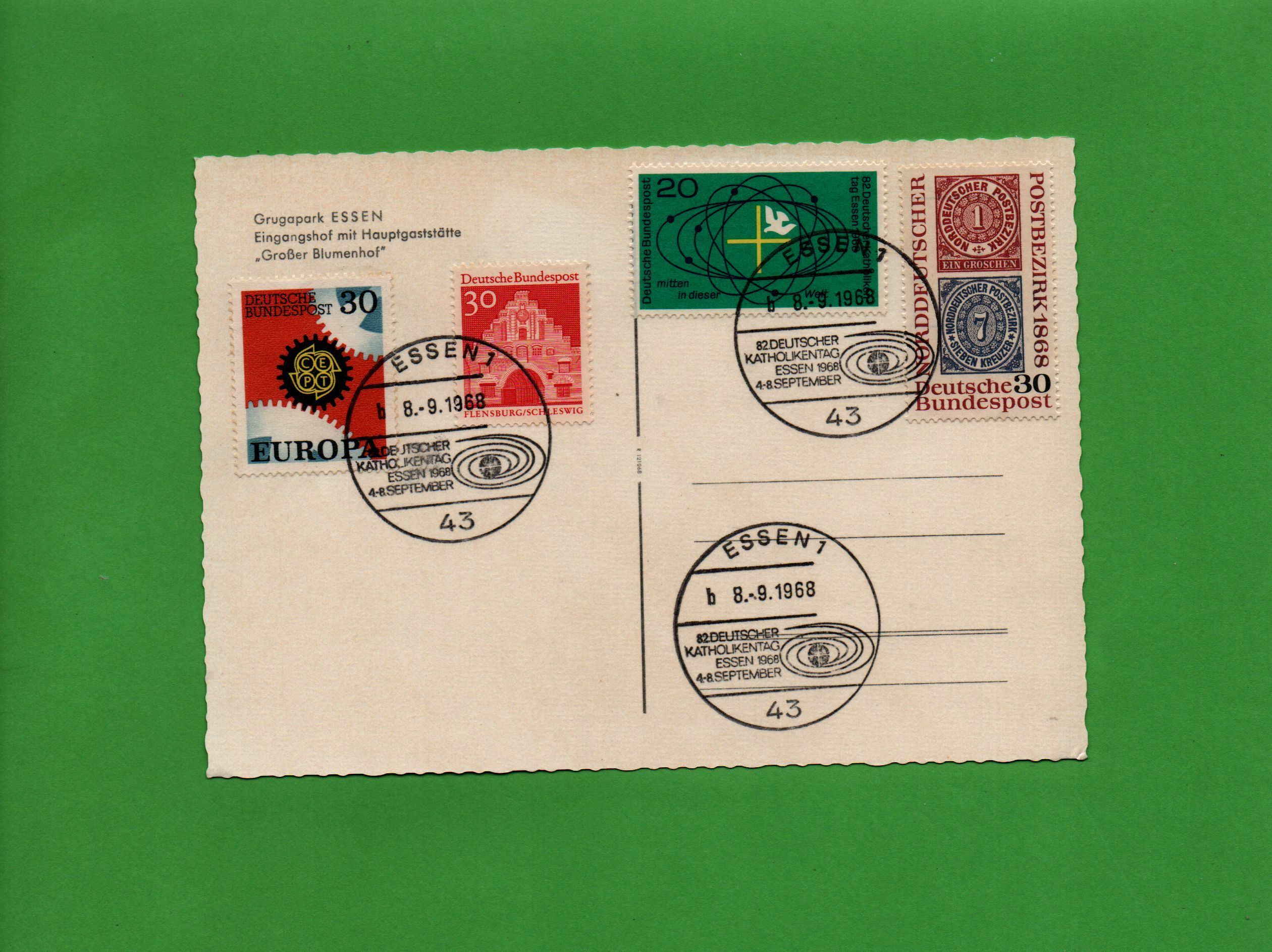 FREE: CRAZY GIN --- postcard with special postmark catholic day 1968 in Essen 8.9.1968