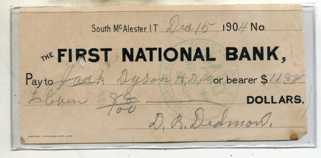 1904 First National Bank-So. McAlester (Indian Territory Check-RARE