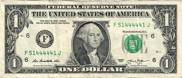 $1 Bill with Five "44444"  in a Row! Trinary! Coolness Rating 98.4! Very Cool! P14