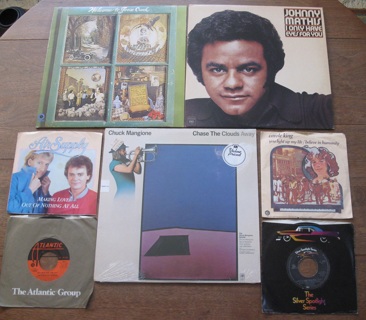 Lot of 7 Vintage Vinyl Records, LPs, 45s, Johnny Mathis, Air Supply, Rocky Theme, FREE