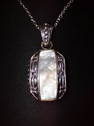 NECKLACE MOTHER OF PEARL AND STERLING SILVER TESTED WITH 26 INCH NON STERLING CHAIN  GRAB IT!