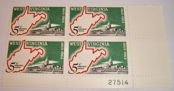 Scott #1232, West Virginia, Pane of 4 Useable 5¢ US Postage Stamps