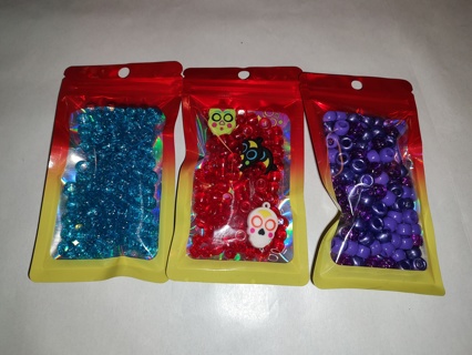 Set of 3 Packs of Beads / Blue & Purple Pony Beads / Red Pony Beads with Charms