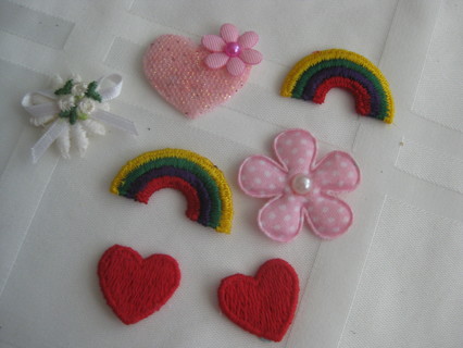 Hearts, flowers & rainbows, 7 patches for cloths decor