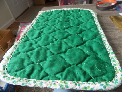 Christmas quilted hot mat trivet green trim in holly berries 12 x 8