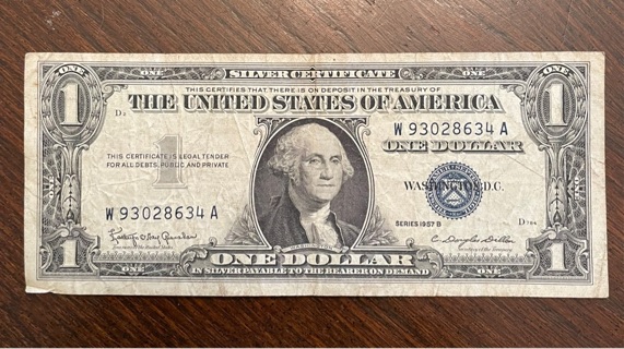 1957 B Series Blue Seal $1 Dollar Silver Certificate Circulated 