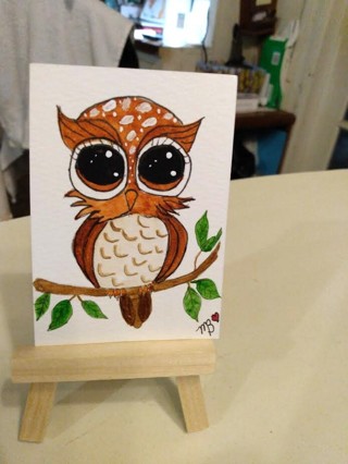ACEO Original, Watercolor Painting 2-1/2"X 3/1/2" Whimsical Owl by Artist Marykay Bond