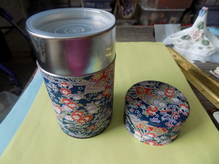 4 1/2 tall Japanese Washi Paper metal tea tin canister blue, red, purple flowers