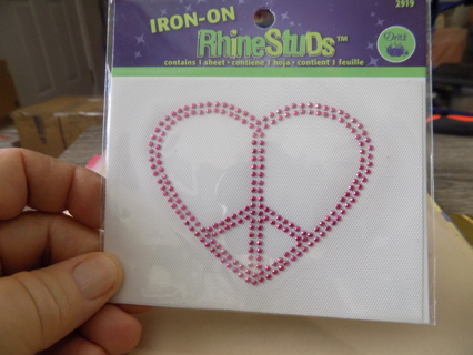 NIP pink iron on rhinestone heart with peace sign inside # 3