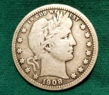 1908-O~ Barber Quarter-Fine+ condition!-90% silver Antique US coin- New Orleans!