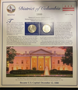 U.S MINT  DISTRICT OF COLUMBIA  STATEHOOD QUARTER DOLLAR & STATE STAMP PLAQUE