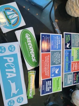 LOT OF 6- STICKERS- GREENPEACE, PETA, & PEACE