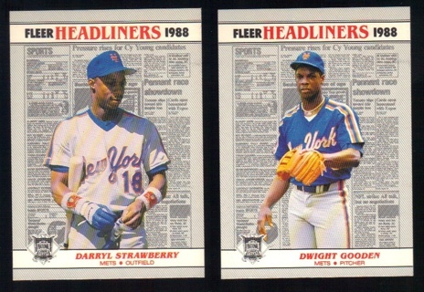 1988 Fleer Headliners 2 different Cards - #4 Darryl Strawberry & #5 Dwight Gooden - New York Mets