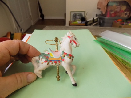 4 inch porcelain carousel horse #2pink saddle, red fringe