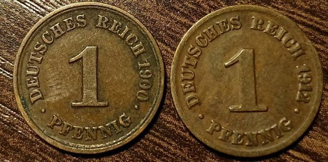1900 & 1912 Germany One Pfennig Coins Full bold dates!