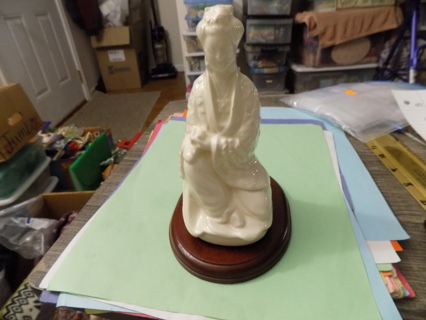 6 inch white porcelain Oriental lady on cherry wood base JAPAN