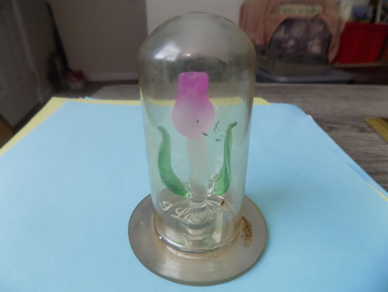 Vintage pink hand blown glass rose and green leaves under a dome 4 inch