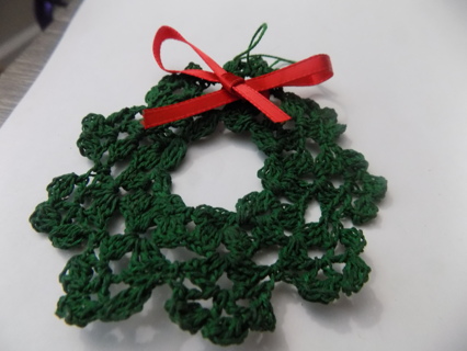 Starched Stiff hand crocheted green snowflake wreath ornament