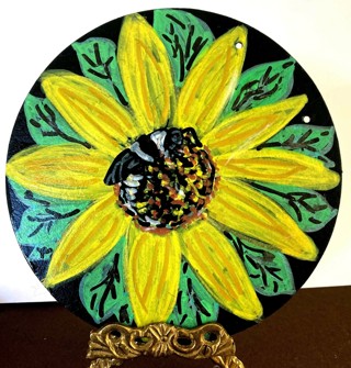 Hand painted Sun Flower on Black Round Paper Canvas "Meal Time" 6 inches