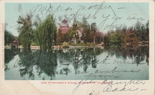 Vintage Used Postcard: Y: 1906 Lake at Baldwin's Ranch, Santa Anita, CA