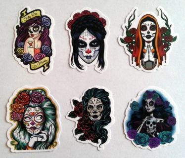 Six Sugar Skull Lady Vinyl Stickers