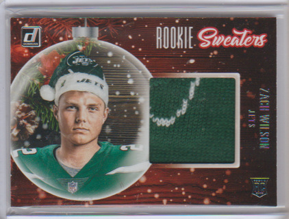 Zach Wilson, 2021 Panini Donruss ROOKIE Sweaters RELIC Card #RS-ZYI, New York Jets (L3