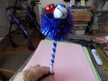 New Christmas pen blue & white stripe, blue sparkle on top & 3 jingle bells