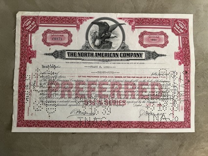 North American Company stock certificate 1939 original Dow Jones Industrial Average stock