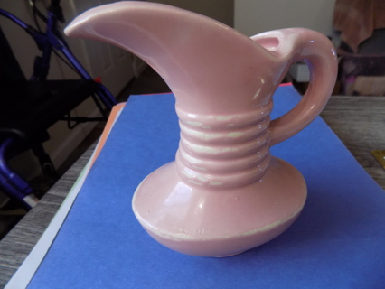 Vintage pink and white ceramic pitcher 3 rings around neck across spout