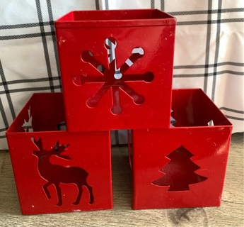 Set Of 3 Red Metal Christmas Deer Tree Snowflake Cutout Candle Holders