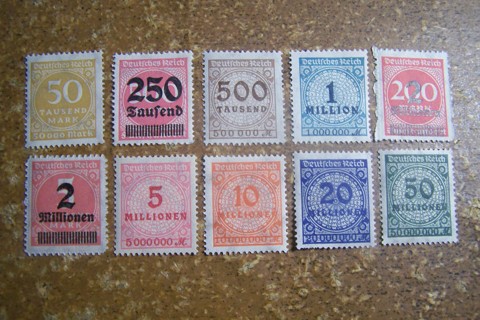 Lot of 10 Stamps - 1920s Germany Inflation Stamps - 50 Million Marks!