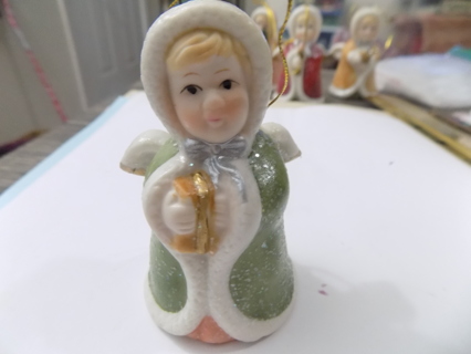 Vintage 2001  3 inch ceramic angel ornament green fur trim cloak glittery