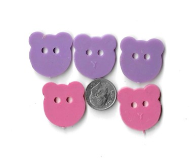5 Teddy Bear Head buttons - purple and pink mix