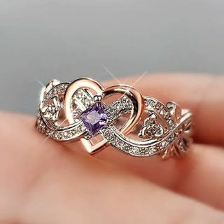 Women's heart purple square stone wedding engagement lovering