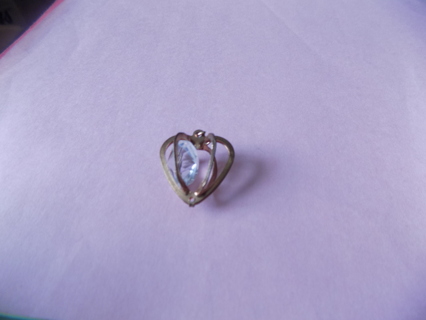 Brass heart cage shape necklace charm with lg clear faceted rhinestone 