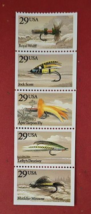 One Strip of 5 Mint .29 Fishing Flies US Postage Stamps