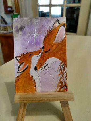 Original, Watercolor Painting 2-1/2"X 3/1/2" Mommy & Me Foxes by Artist Marykay Bond