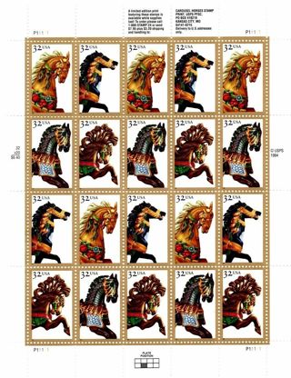 REDUCED** US Stamp Scott #2976-2979, 32c, Carousel Horses, Full Sheet of 20, 1995, MNH