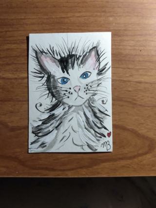 ACEO Original, Watercolor Painting 2-1/2"X 3/1/2" Whimsical Cat Painting by Artist Marykay Bond